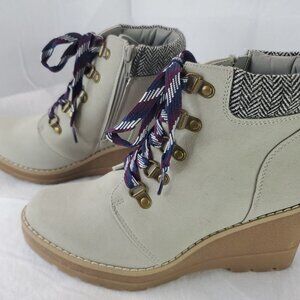 Maurices Cream Ankle Booties with Tan Wedge and Navy Plaid Laces